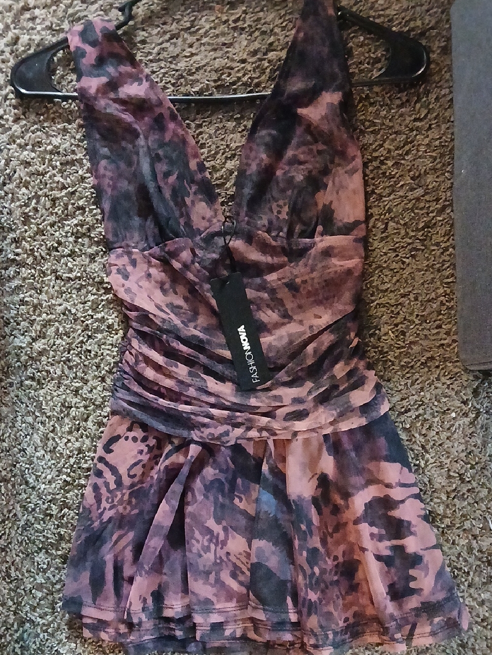 Fashion Nova Pink & Black Printed Deep V Ruffle Romper